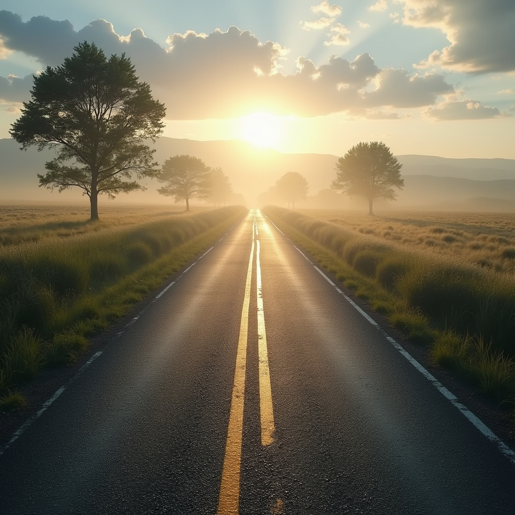 open road with yellow lines down the middle with the sun setting on horizon